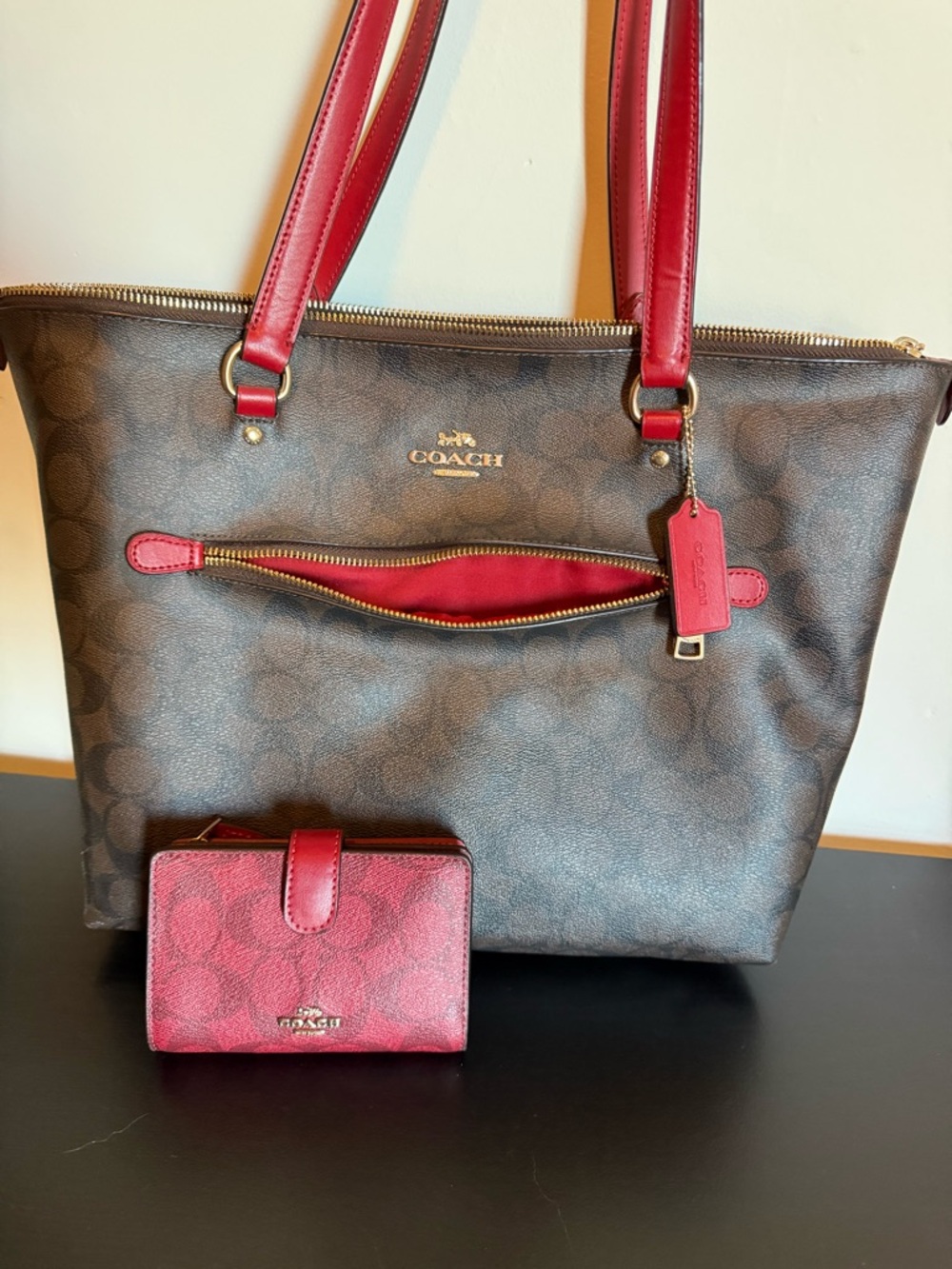 Coach Brown Signature Tote with Red Trim and Matching Red Wallet